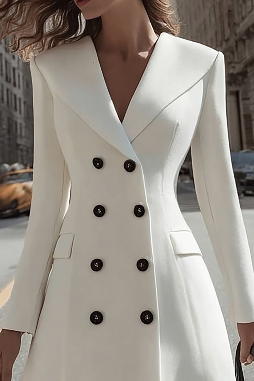 A Line Long Sleeve Double Breasted Ivory Work Dress