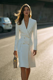 Sheath Ivory Double Breastes Peak Lapel Long Sleeve Work Dress