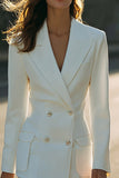 Sheath Ivory Double Breastes Peak Lapel Long Sleeve Work Dress