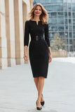 Classic Pencil 3/4 Sleeve Black Work Dress With Belt