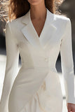 Long Sleeve Pencil Notched Lapel Ivory Work Dress With Ruffles