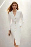 Classic Ivory Notched Lapel Sheath Work Dress With Slit