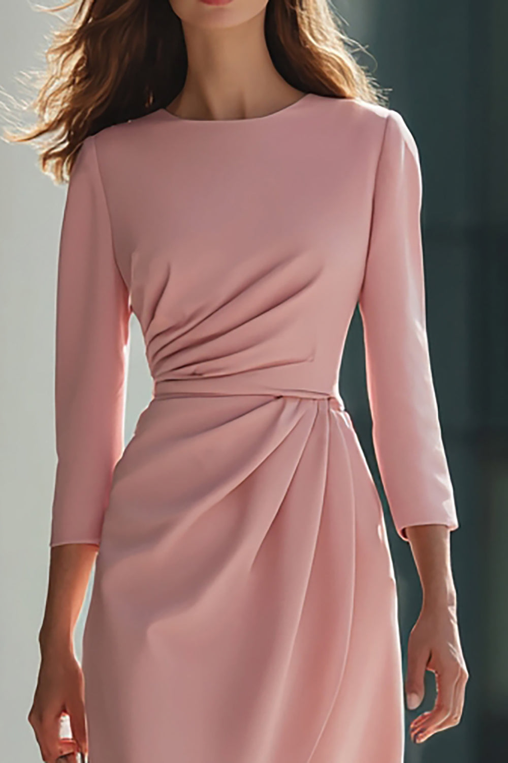 Pink Ruched Sheath Work Dress With 3/4 sleeves