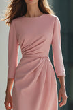 Pink Ruched Sheath Work Dress With 3/4 sleeves