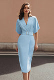 Pencil V-Neck Sky Blue Work Dress With Belt