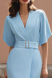 Pencil V-Neck Sky Blue Work Dress With Belt