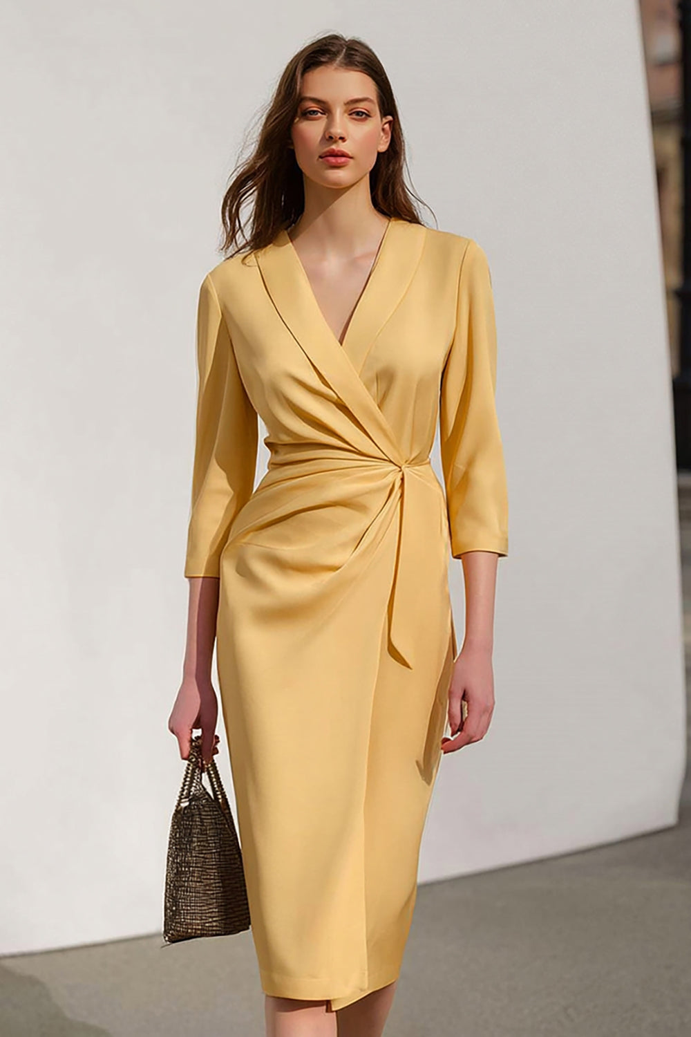 Yellow Pencil Midi Work Dress With 3/4 Sleeves