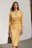 Yellow Pencil Midi Work Dress With 3/4 Sleeves