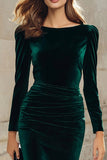 Pencil Velvet Long Sleeve Dark Green Work Dress