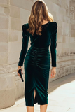Pencil Velvet Long Sleeve Dark Green Work Dress