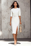 Ivory Pencil Half Sleeve Work Dress With Slit