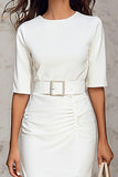 Ivory Pencil Half Sleeve Work Dress With Slit