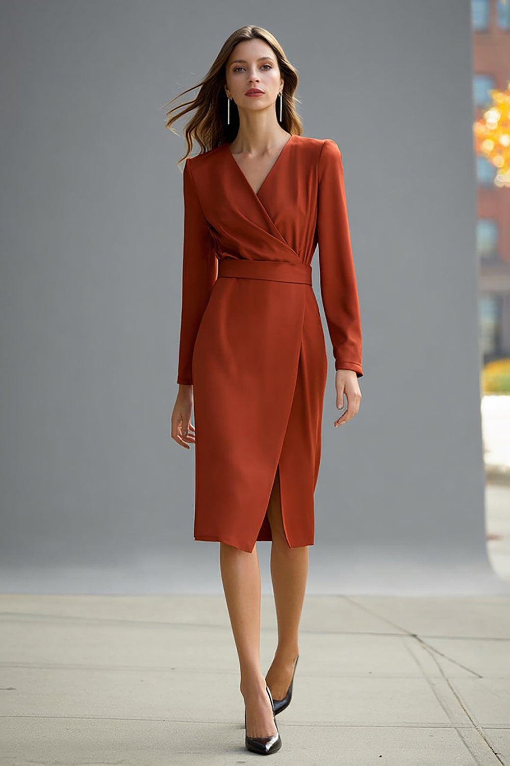 Terracotta V-Neck Long Sleeve Sheath Work Dress With Slit