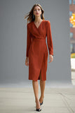 Terracotta V-Neck Long Sleeve Sheath Work Dress With Slit