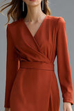 Terracotta V-Neck Long Sleeve Sheath Work Dress With Slit
