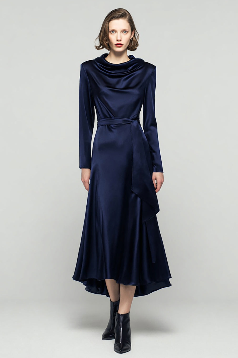 Navy Long Sleeve A-Line Satin Tea Length Business Casual Dress With Sash