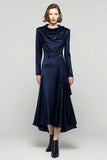 Navy Long Sleeve A-Line Satin Tea Length Business Casual Dress With Sash