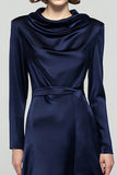 Navy Long Sleeve A-Line Satin Tea Length Business Casual Dress With Sash