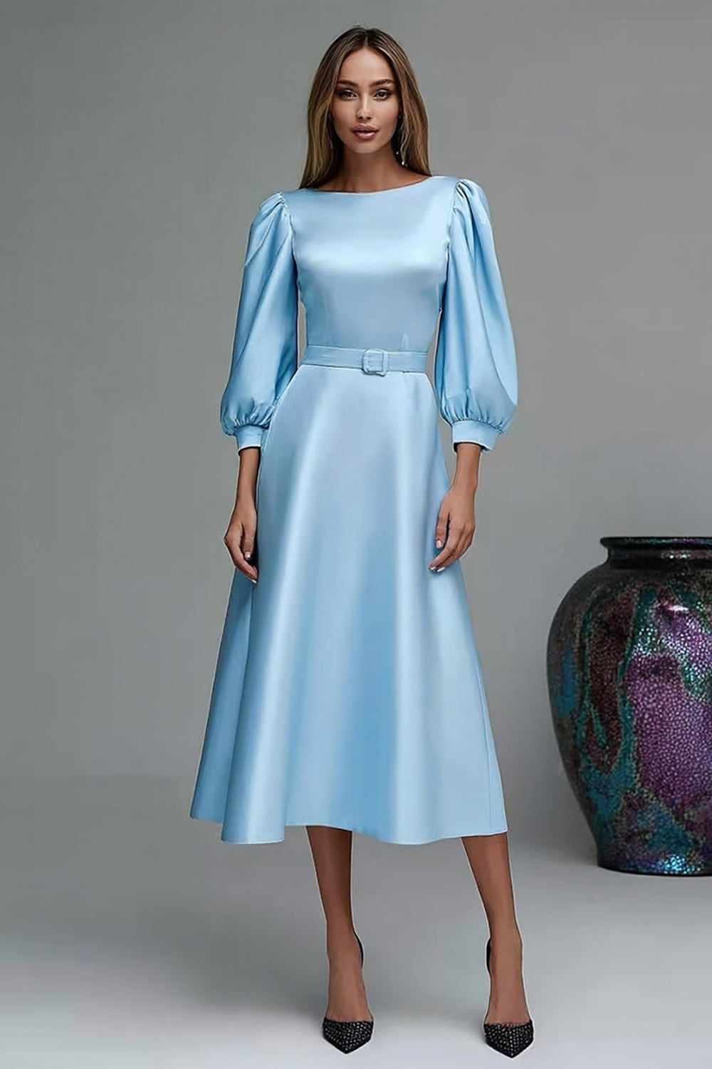 Sky Blue A-Line Satin Work Dress With 3/4 Sleeves