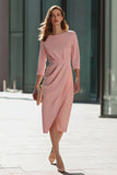 Pink Sheath Bateau Neck Business Casual Dress with Slit