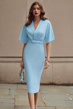 Sky Blue Midi Pencil Work Dress with Belt