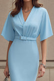 Sky Blue Midi Pencil Work Dress with Belt