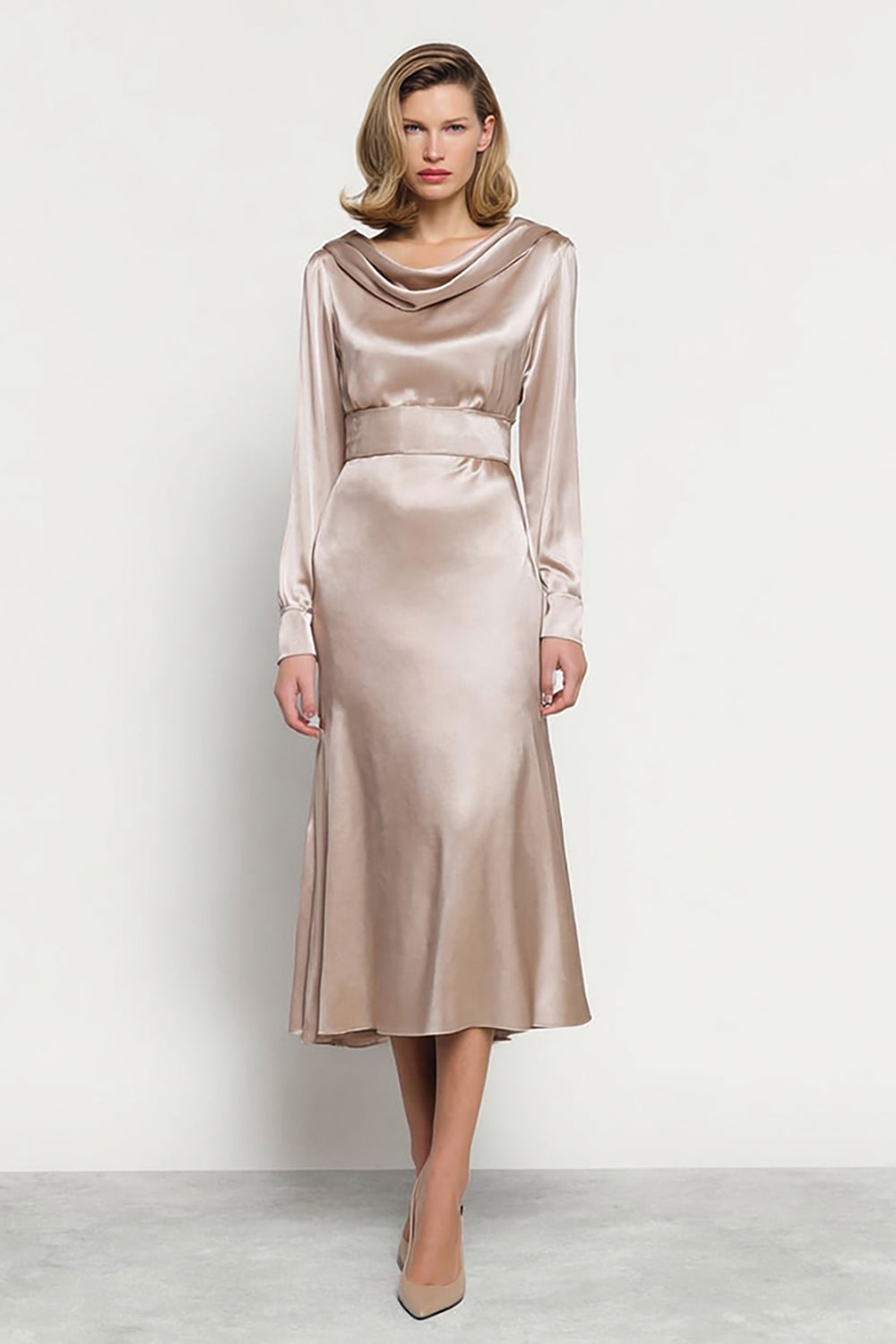Champagne Sheath Long Sleeve Cowl Neck Satin Work Dress
