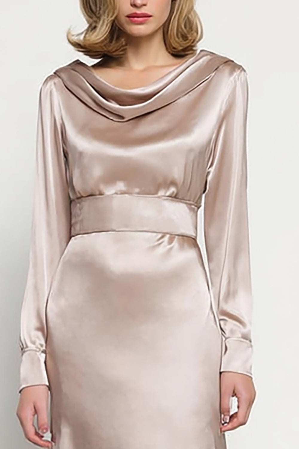 Champagne Sheath Long Sleeve Cowl Neck Satin Work Dress