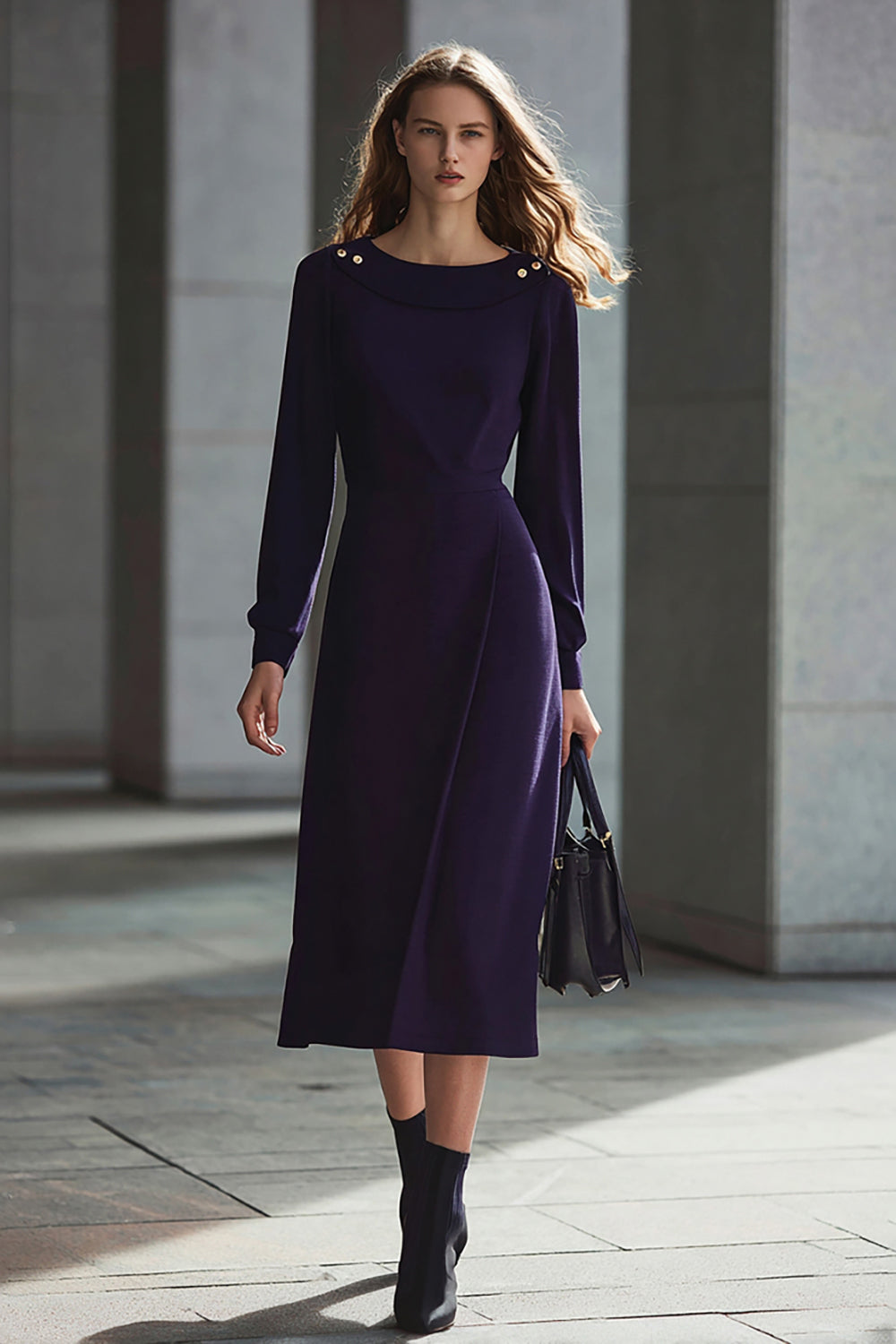 Dark Purple Long Sleeve Bateau Neck Sheath Midi Work Dress