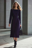 Dark Purple Long Sleeve Bateau Neck Sheath Midi Work Dress