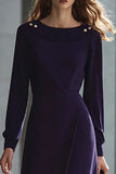 Dark Purple Long Sleeve Bateau Neck Sheath Midi Work Dress