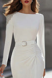 Pencil Ivory Sequin Ruched Work Dress With Slit