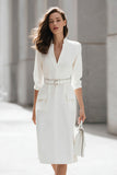 V-Neck Pencil Ivory Work Dress With Belt