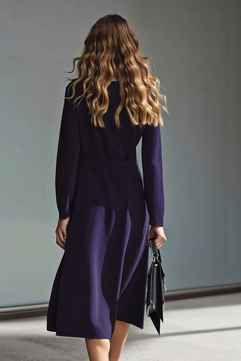 Long Sleeve Dark Purple Sheath Midi Work Dress With Slit