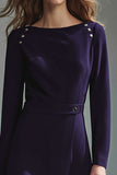 Long Sleeve Dark Purple Sheath Midi Work Dress With Slit