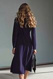 Long Sleeve Dark Purple Sheath Midi Work Dress With Slit