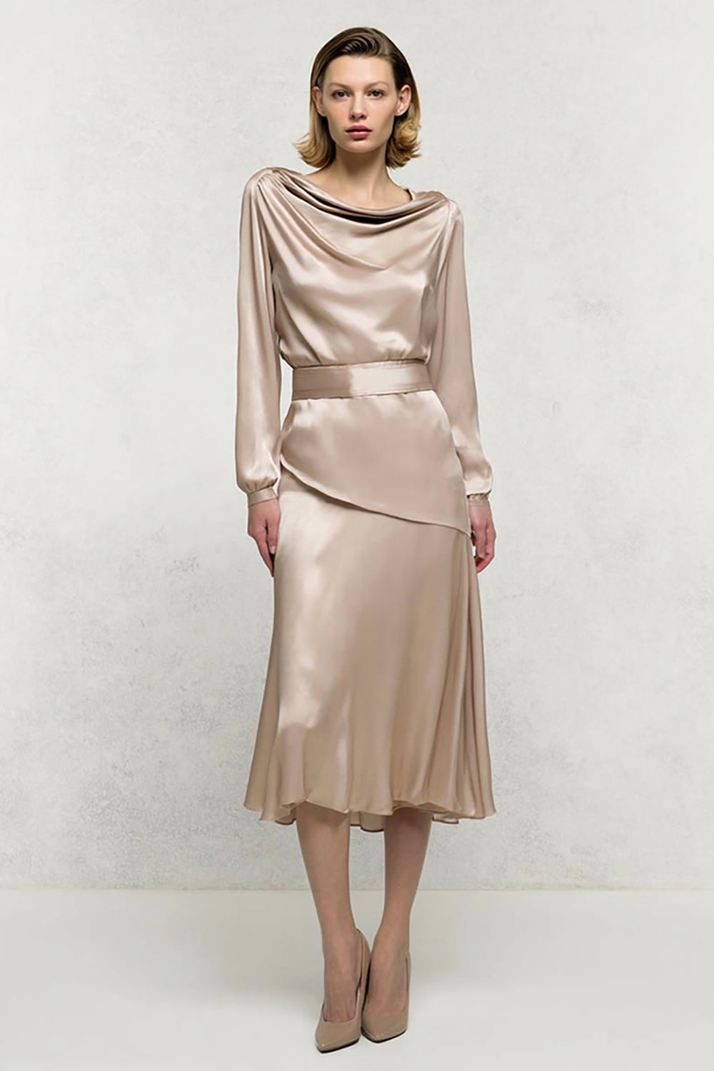 Long Sleeve Cowl Neck Champagne Semi-Formal Dress