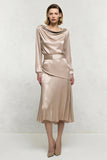 Long Sleeve Cowl Neck Champagne Semi-Formal Dress