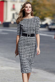 Houndstooth Black and White Pencil Work Dress With Belt