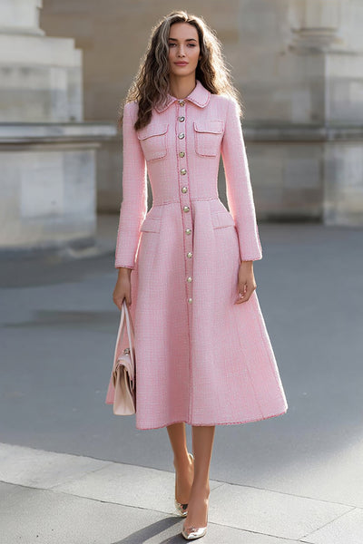 tweed long sleeve dress Berylove Women Tweed Pink Work Dress A-Line Long Sleeve Midi Business Casual Dress, Pink / L