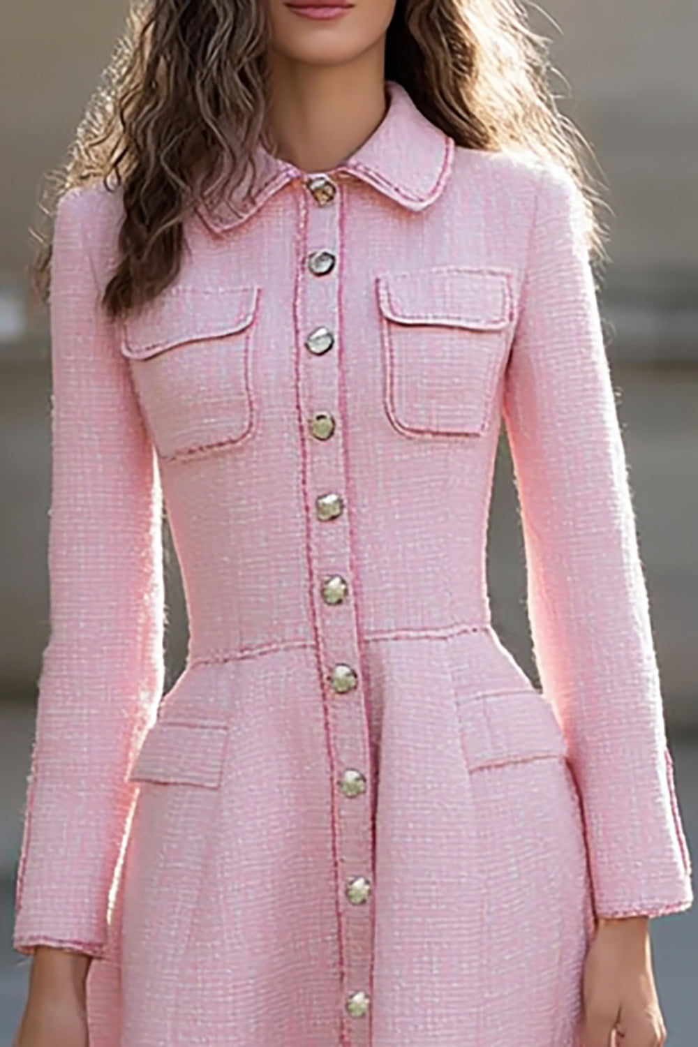 Tweed A-Line Pink Long Sleeve Midi Work Dress