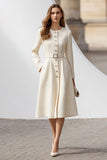 Elegant A-Line Ivory Long Sleeve Work Dress With Belt