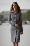 Dark Grey Collar Long Sleeve Tweed Pencil Work Dress