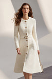 Ivory Tweed A-Line Round Neck Business Casual Dress With Belt