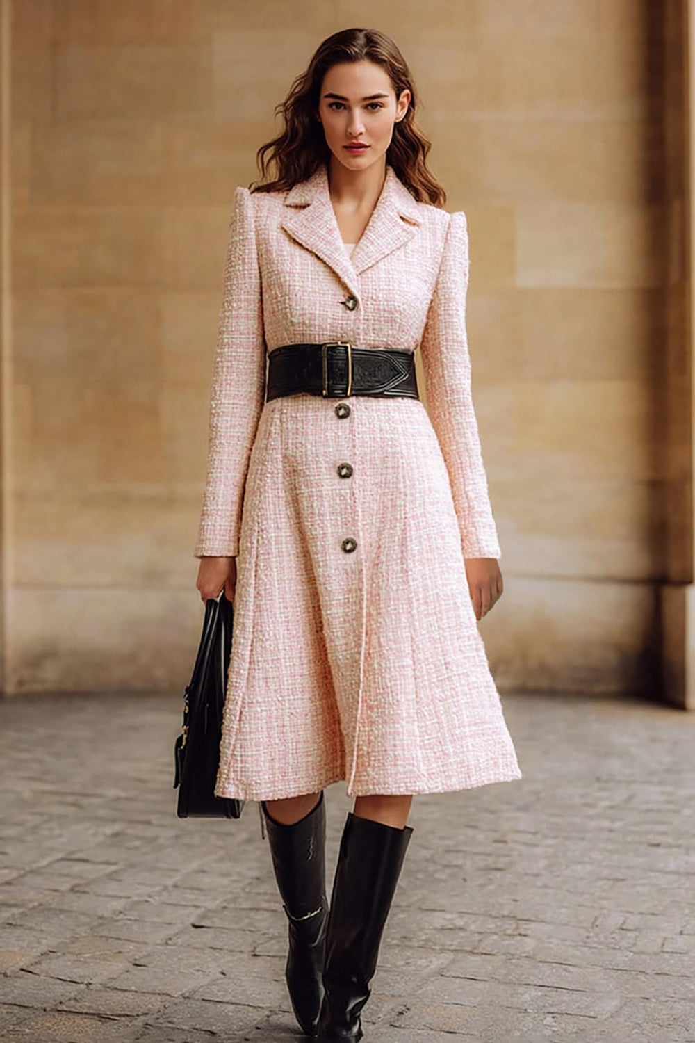 Pink Notched Lapel A-Line Long Sleeve Tweed Midi Work Dress With Belt