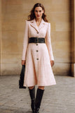 Pink Notched Lapel A-Line Long Sleeve Tweed Midi Work Dress With Belt