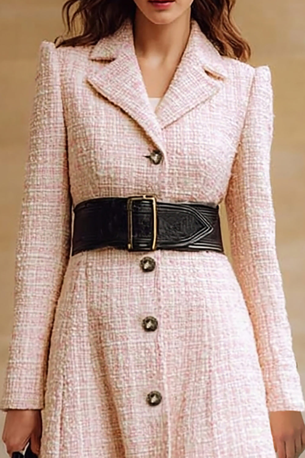 Pink Notched Lapel A-Line Long Sleeve Tweed Midi Work Dress With Belt