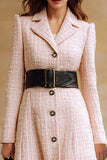 Pink Notched Lapel A-Line Long Sleeve Tweed Midi Work Dress With Belt