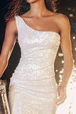 One Shoulder Ivory Bodycon Sequin Cocktail Party Dress