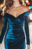 Peacock Blue Off The Shoulder Bodycon Velvet Cocktail Dress